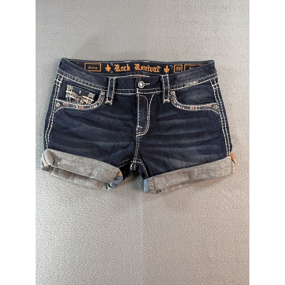 Rock Revival Arisa Shorts Womens 29 Dark Wash Blue Denim Cuffed 3 Inseam Stretch